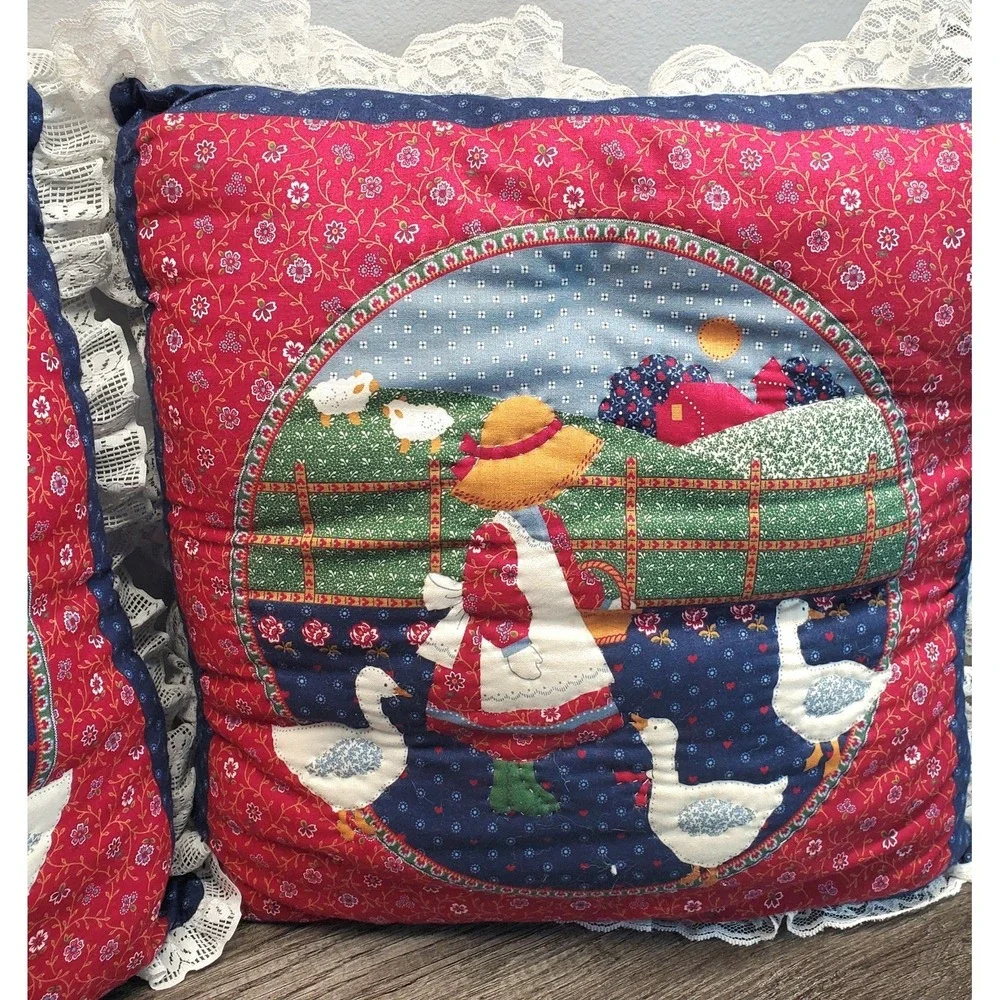 Vintage Throw Pillow Set Girl Feeding Ducks Geese Holly Hobbie Style Cottagecore